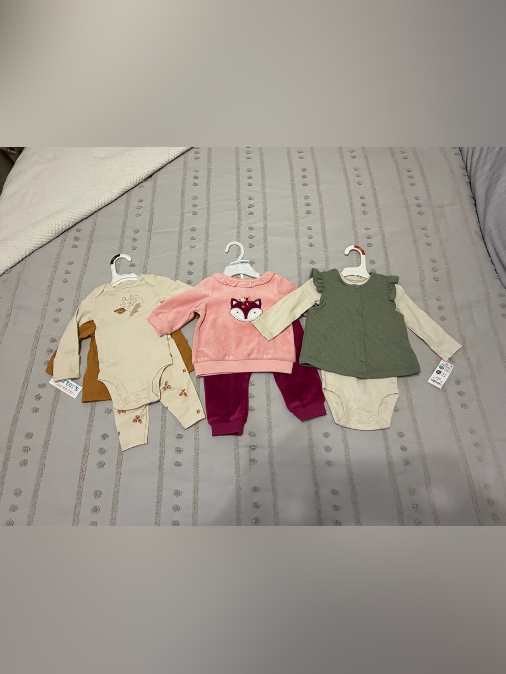 Kids Matching Sets - Pink Fox Pullover & Green Ruffle Bodysuit Trio